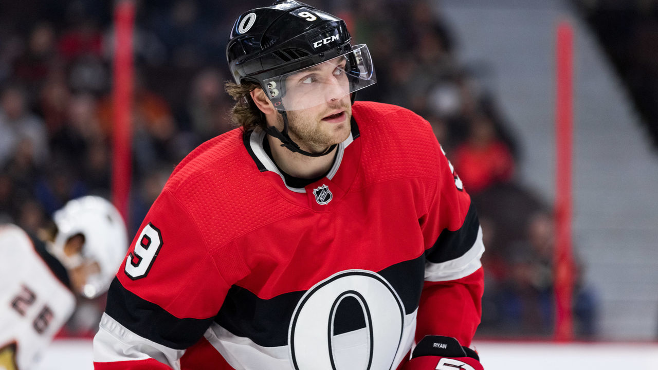 OTTAWA, ON - FEBRUARY 07: Ottawa Senators Right Wing Bobby Ryan (9) after a whistle during second period National Hockey League action between the Anaheim Ducks and Ottawa Senators on February 7, 2019, at Canadian Tire Centre in Ottawa, ON, Canada.
