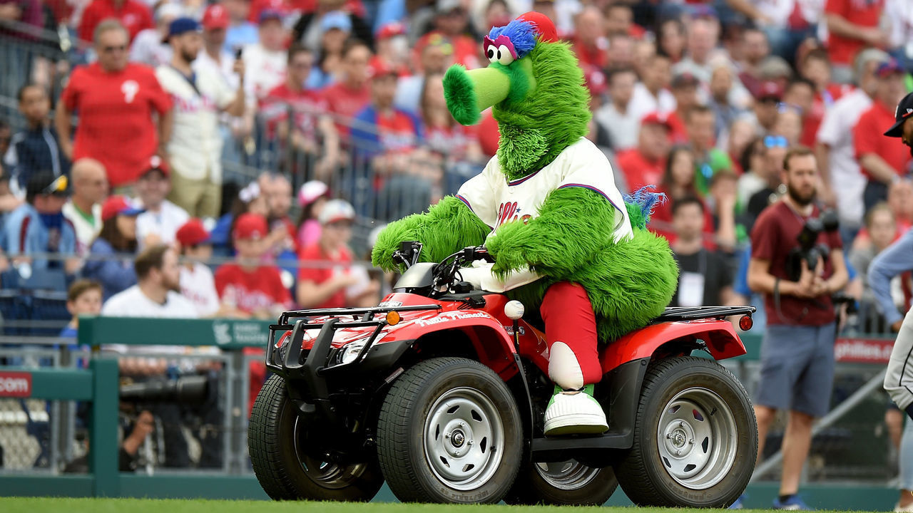 PHILADELPHIA, PA - MARCH 30: The Phillie Phanatic performs during the game between the Philadelphia Phillies and the Atlanta Braves at Citizens Bank Park on March 30, 2019 in Philadelphia, Pennsylvania.