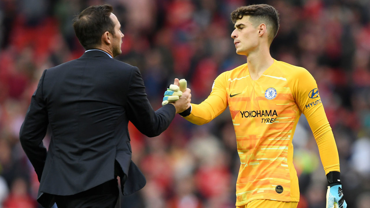 MANCHESTER, ENGLAND - AUGUST 11: Frank Lampard, Manager of Chelsea embraces Kepa Arrizabalaga of Chelsea after the Premier League match between Manchester United and Chelsea FC at Old Trafford on August 11, 2019 in Manchester, United Kingdom.