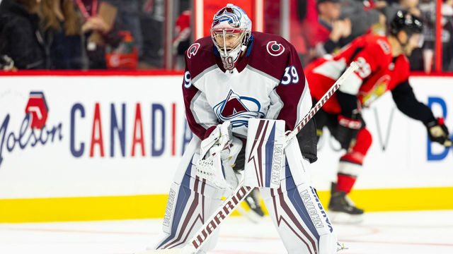 OTTAWA, ON - FEBRUARY 06: Colorado Avalanche Goalie Pavel Francouz (39) during warm-up before National Hockey League action between the Colorado Avalanche and Ottawa Senators on February 6, 2020, at Canadian Tire Centre in Ottawa, ON, Canada.