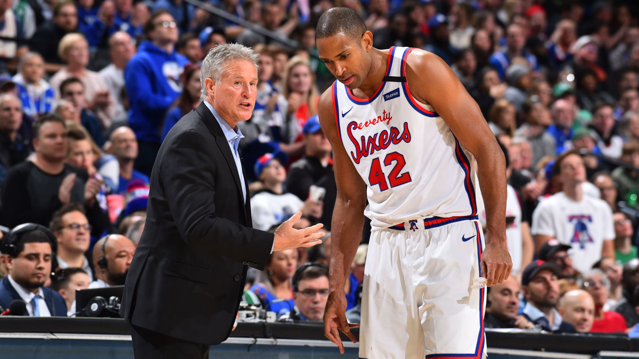 PHILADELPHIA, PA - JANUARY 9: Brett Brown talks with Al Horford #42 of the Philadelphia 76ers during the game against the Boston Celtics on January 9, 2020 at the Wells Fargo Center in Philadelphia, Pennsylvania NOTE TO USER: User expressly acknowledges and agrees that, by downloading and/or using this Photograph, user is consenting to the terms and conditions of the Getty Images License Agreement. Mandatory Copyright Notice: Copyright 2020 NBAE