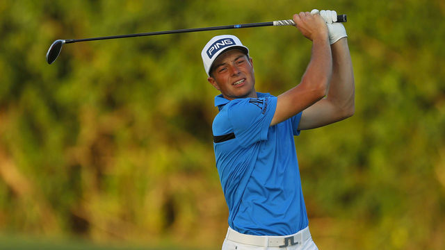 RIO GRANDE, PUERTO RICO - FEBRUARY 21: Viktor Hovland of Norway plays a shot on the 18th hole during the second round of the Puerto Rico Open at Grand Reserve Country Club on February 21, 2020 in Rio Grande, Puerto Rico.
