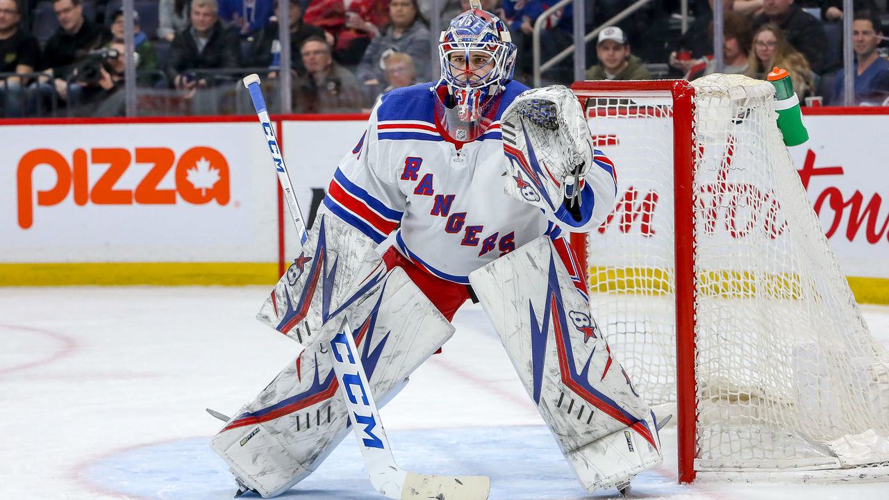 WINNIPEG, MB - FEBRUARY 11: Goaltender Igor Shesterkin #31 of the New York Rangers guards the net during third period action against the Winnipeg Jets at the Bell MTS Place on February 11, 2020 in Winnipeg, Manitoba, Canada.