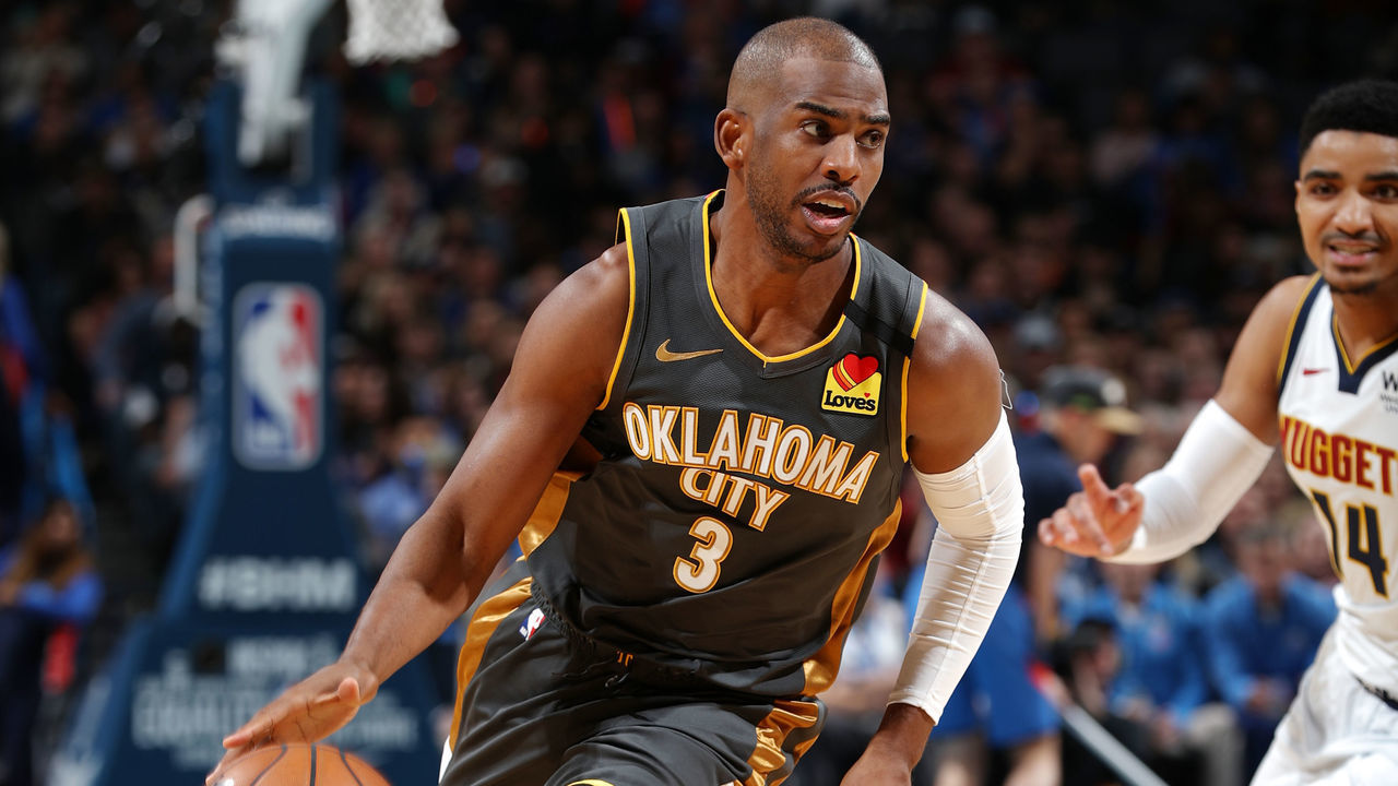 OKLAHOMA CITY, OK - FEBRUARY 21: Chris Paul #3 of the Oklahoma City Thunder drives to the basket against the Denver Nuggets on February 21, 2020 at Chesapeake Energy Arena in Oklahoma City, Oklahoma. Mandatory Copyright Notice: Copyright 2020 NBAE