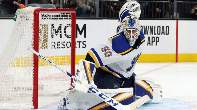 LAS VEGAS, NEVADA - FEBRUARY 13: Jordan Binnington #50 of the St. Louis Blues tends net during the third period against the Vegas Golden Knights at T-Mobile Arena on February 13, 2020 in Las Vegas, Nevada.
