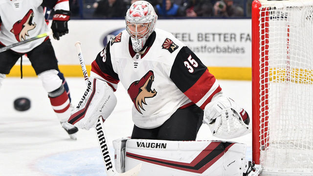 COLUMBUS, OH - DECEMBER 3: Goaltender Darcy Kuemper #35 of the Arizona Coyotes defends the net against the Columbus Blue Jackets on December 3, 2019 at Nationwide Arena in Columbus, Ohio.