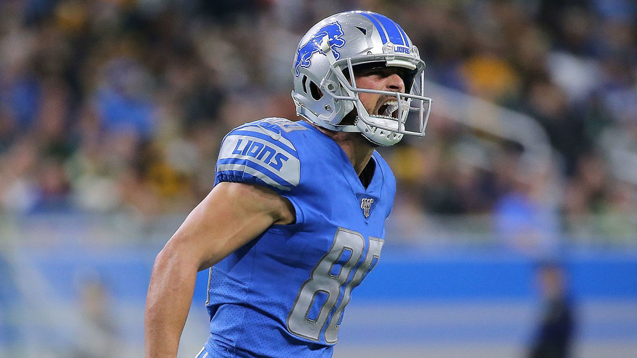 DETROIT, MI - DECEMBER 29: Danny Amendola #80 of the Detroit Lions gets the crowd pumped up during the second quarter of the game against the Green Bay Packers at Ford Field on December 29, 2019 in Detroit, Michigan.