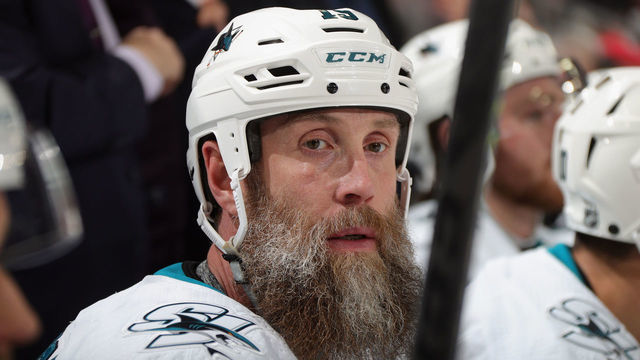 NEWARK, NEW JERSEY - FEBRUARY 20: Joe Thornton #19 of the San Jose Sharks skates against the New Jersey Devils at the Prudential Center on February 20, 2020 in Newark, New Jersey. The Devils defeated the Sharks 2-1.