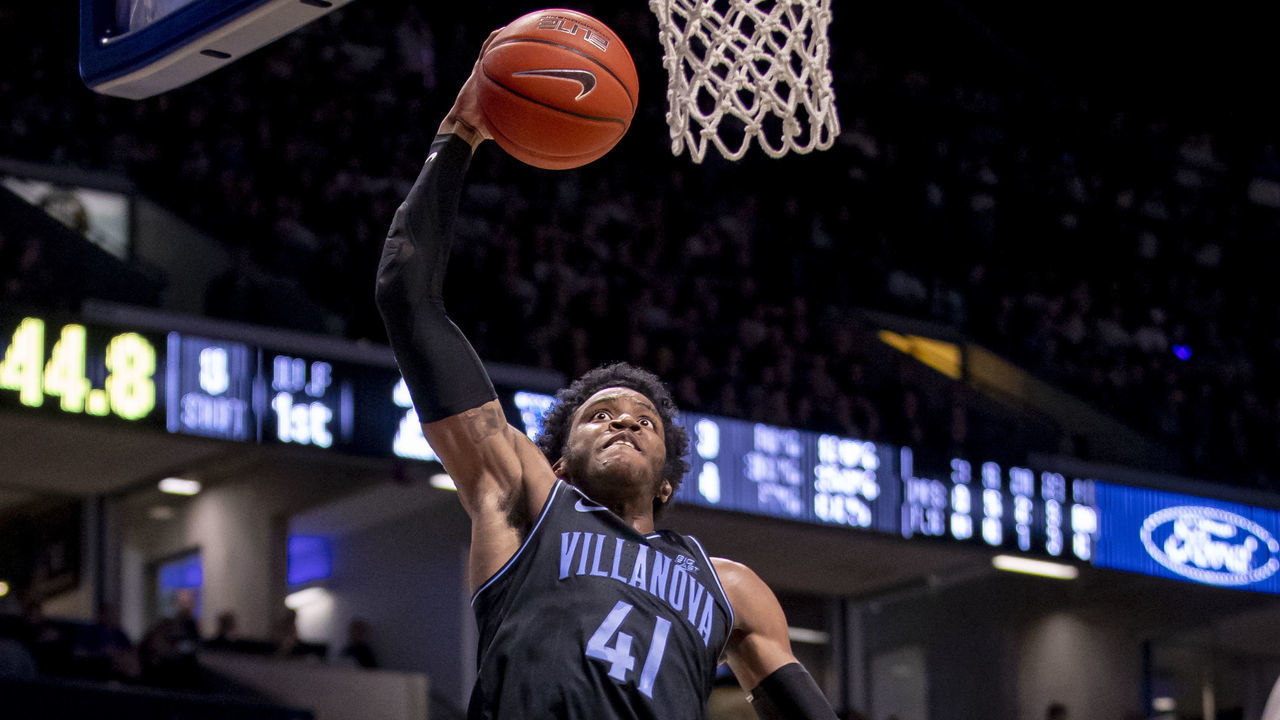 CINCINNATI, OH - FEBRUARY 22: Saddiq Bey #41 of the Villanova Wildcats goes up for a dunk during the first half against the Xavier Musketeers at Cintas Center on February 22, 2020 in Cincinnati, Ohio.