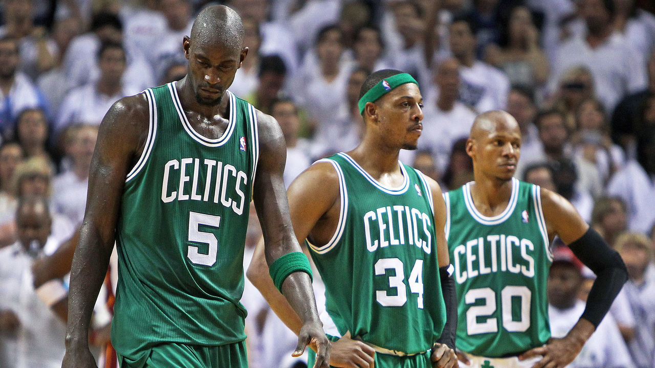 MIAMI, FL - JUNE 9: The Celtics Kevin Garnett, Paul Pierce and Ray Allen on the court near the end of the game. The Boston Celtics visited the Miami Heat for game seven of the NBA Eastern Conference Finals at the American Airlines Arena.