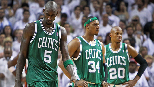 MIAMI, FL - JUNE 9: The Celtics Kevin Garnett, Paul Pierce and Ray Allen on the court near the end of the game. The Boston Celtics visited the Miami Heat for game seven of the NBA Eastern Conference Finals at the American Airlines Arena.