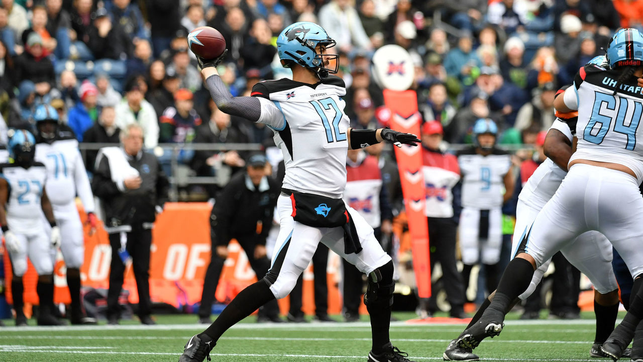 SEATTLE, WA - FEBRUARY 22: Landry Jones #12 of the Dallas Renegades passes the ball during the XFL game against the Seattle Dragons at CenturyLink Field on February 22, 2020 in Seattle, Washington.