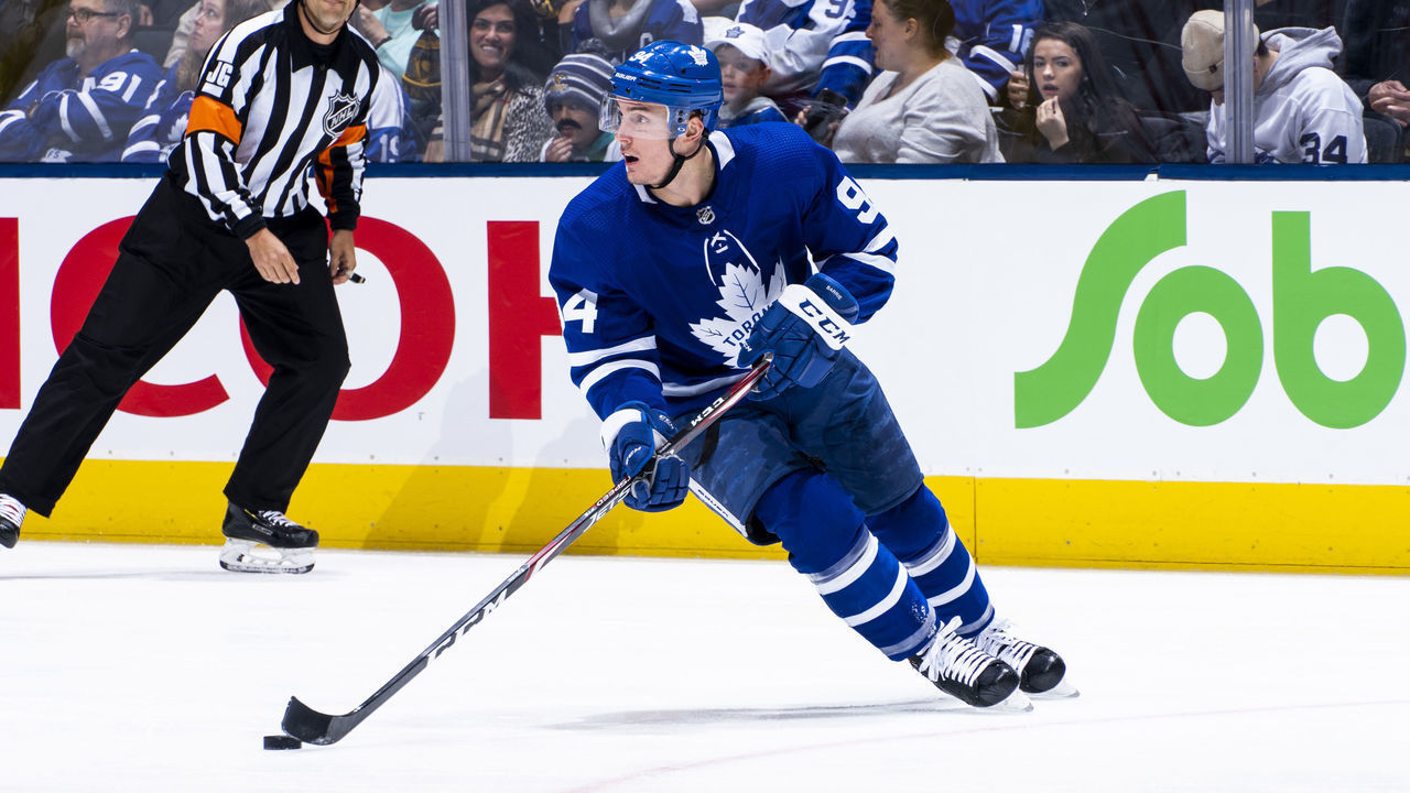 TORONTO, ON - FEBRUARY 20: Tyson Barrie #94 of the Toronto Maple Leafs plays the puck against the Pittsburgh Penguins during the second period at the Scotiabank Arena on February 20, 2020 in Toronto, Ontario, Canada.