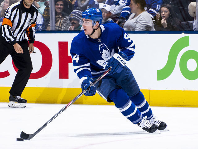 TORONTO, ON - FEBRUARY 20: Tyson Barrie #94 of the Toronto Maple Leafs plays the puck against the Pittsburgh Penguins during the second period at the Scotiabank Arena on February 20, 2020 in Toronto, Ontario, Canada.
