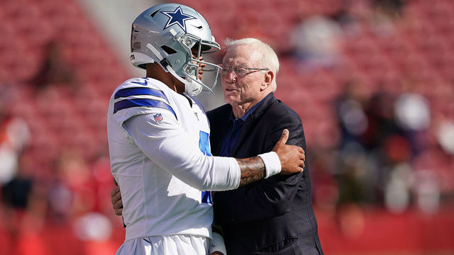 SANTA CLARA, CA - AUGUST 10: Quarterback Dak Prescott #4 and team owner Jerry Jones of the Dallas Cowboys hug each other during pregame warm ups prior to the start of an NFL preseason football game against the San Francisco 49ers at Levi's Stadium on August 10, 2019 in Santa Clara, California.