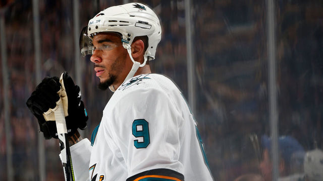 NEW YORK, NY - FEBRUARY 22: Evander Kane #9 of the San Jose Sharks looks on against the New York Rangers at Madison Square Garden on February 22, 2020 in New York City.