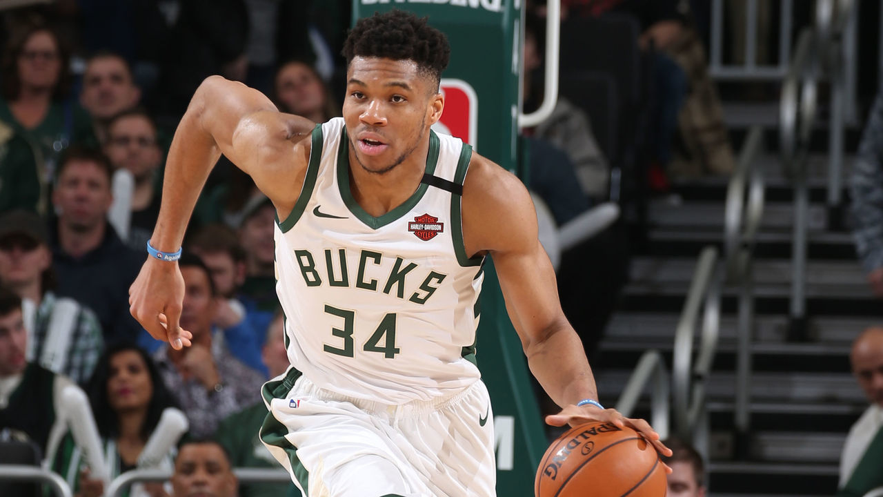 MILWAUKEE, WI - FEBRUARY 22: Giannis Antetokounmpo #34 of the Milwaukee Bucks handles the ball against the Philadelphia 76ers on February 22, 2020 at the Fiserv Forum in Milwaukee, Wisconsin. Mandatory Copyright Notice: Copyright 2020 NBAE