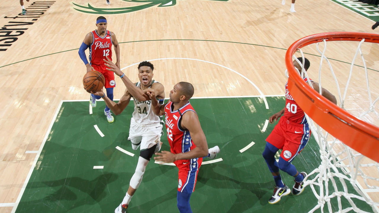 MILWAUKEE, WI - FEBRUARY 22: Giannis Antetokounmpo #34 of the Milwaukee Bucks shoots the ball against the Philadelphia 76ers on February 22, 2020 at the Fiserv Forum in Milwaukee, Wisconsin. Mandatory Copyright Notice: Copyright 2020 NBAE