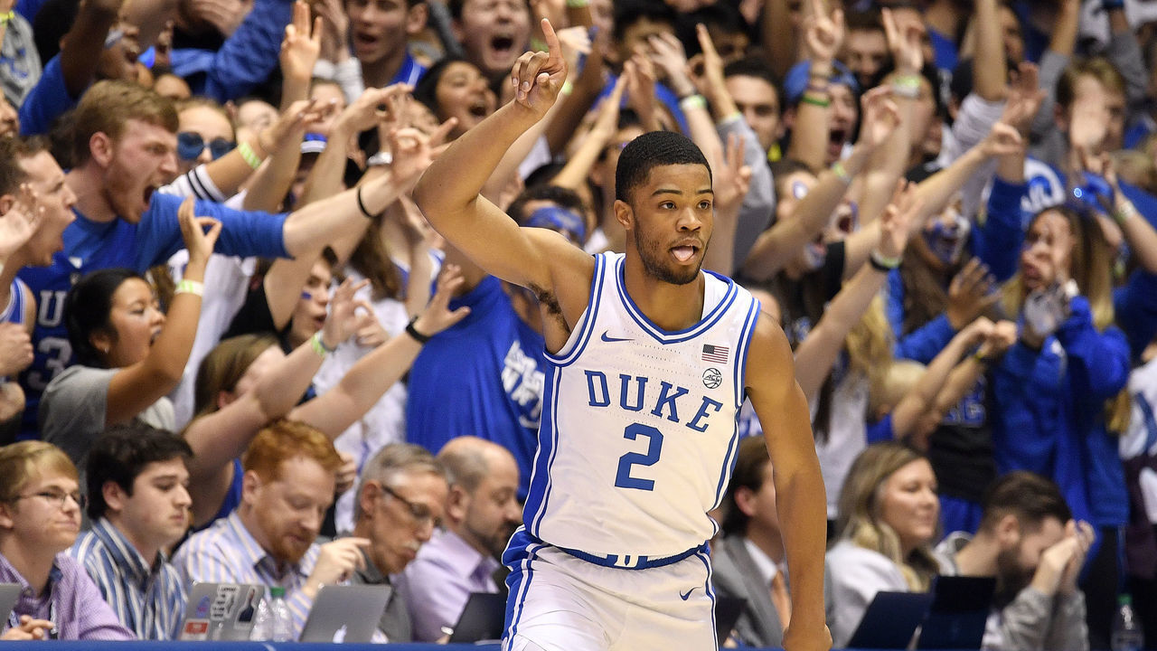DURHAM, NORTH CAROLINA - FEBRUARY 22: Cassius Stanley #2 of the Duke Blue Devils reacts after making a three-point basket against the Virginia Tech Hokies during the first half of their game at Cameron Indoor Stadium on February 22, 2020 in Durham, North Carolina.