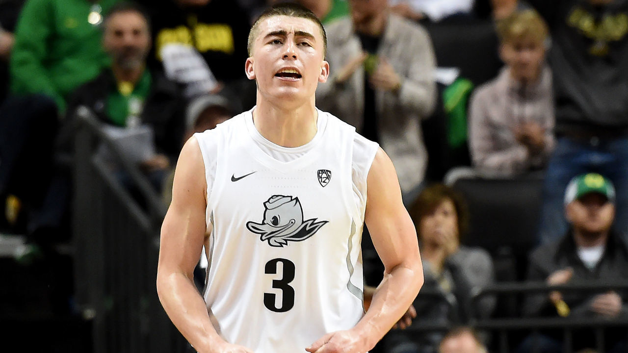 EUGENE, OREGON - FEBRUARY 13: Payton Pritchard #3 of the Oregon Ducks reacts after hitting a shot during the second half against the Colorado Buffaloes at Matthew Knight Arena on February 13, 2020 in Eugene, Oregon. The Ducks won 68-60.