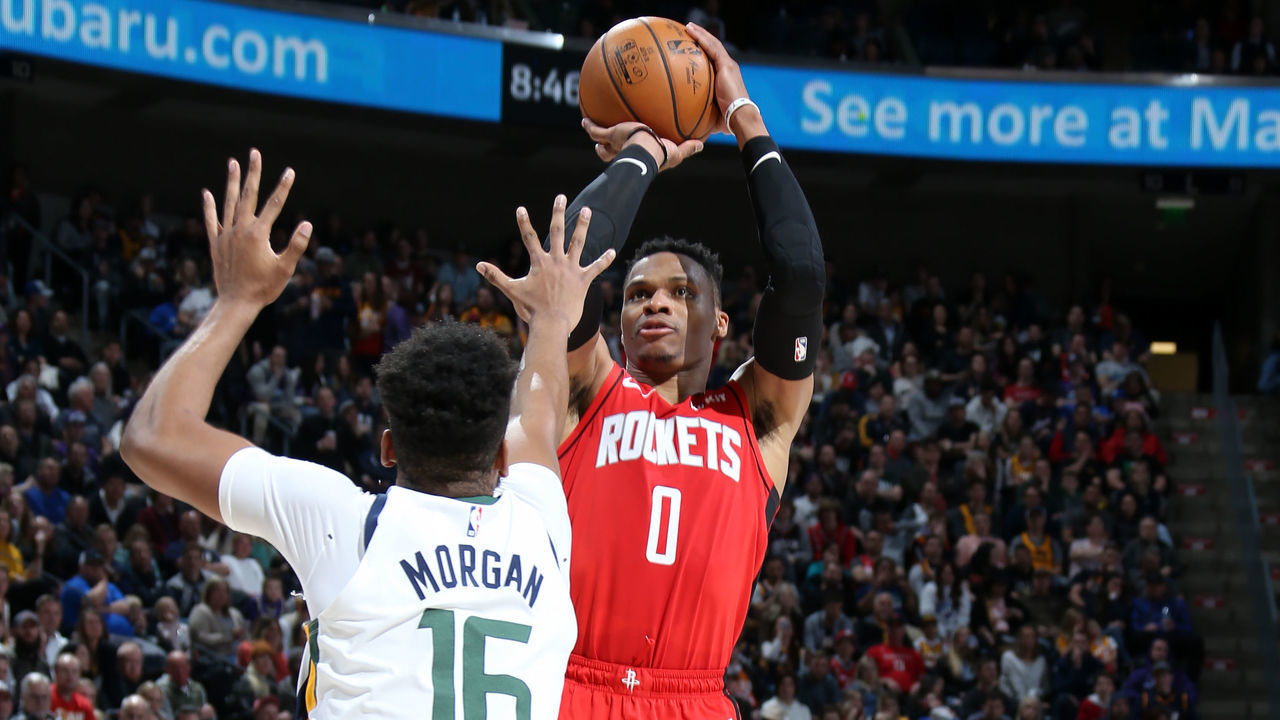 SALT LAKE CITY, UT - FEBRUARY 22: Russell Westbrook #0 of the Houston Rockets shoots the ball against the Utah Jazz on February 22, 2020 at vivint.SmartHome Arena in Salt Lake City, Utah. Mandatory Copyright Notice: Copyright 2020 NBAE