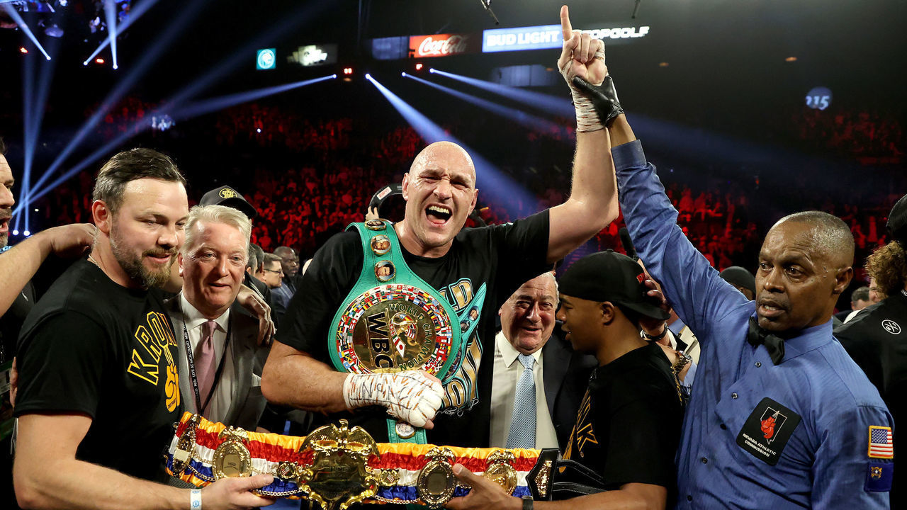 LAS VEGAS, NEVADA - FEBRUARY 22: Tyson Fury celebrates his win by TKO in the seventh round against Deontay Wilder in the Heavyweight bout for Wilder's WBC and Fury's lineal heavyweight title on February 22, 2020 at MGM Grand Garden Arena in Las Vegas, Nevada.