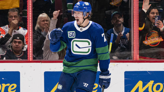 VANCOUVER, BC - FEBRUARY 22: Tyler Toffoli #73 of the Vancouver Canucks celebrates after scoring a goal against the Boston Bruins during NHL action at Rogers Arena on February 22, 2020 in Vancouver, Canada.
