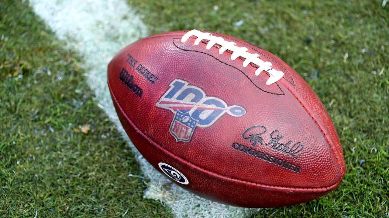 LOS ANGELES, CA - DECEMBER 29: Detailed view of official game balls on the field before the game between the Los Angeles Rams and the Arizona Cardinals at Los Angeles Memorial Coliseum on December 29, 2019 in Los Angeles, California.
