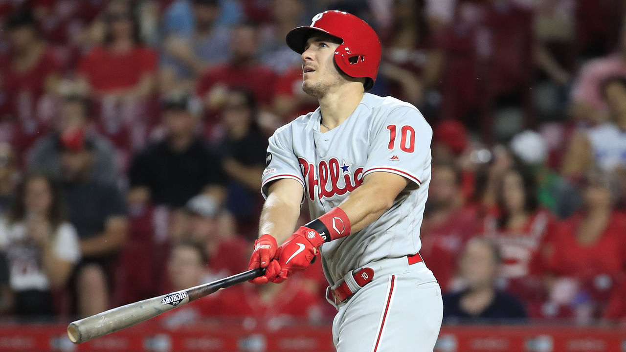 CINCINNATI, OHIO - SEPTEMBER 04: JT Realmuto #10 of the Philadelphia Phillies hits a two run home run in the 5th inning against the Cincinnati Reds at Great American Ball Park on September 04, 2019 in Cincinnati, Ohio.