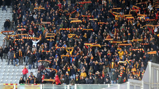 FLORENCE, ITALY - NOVEMBER 30: Fans of US Lecce cheer their team during the Serie A match between ACF Fiorentina and US Lecce at Stadio Artemio Franchi on November 30, 2019 in Florence, Italy.