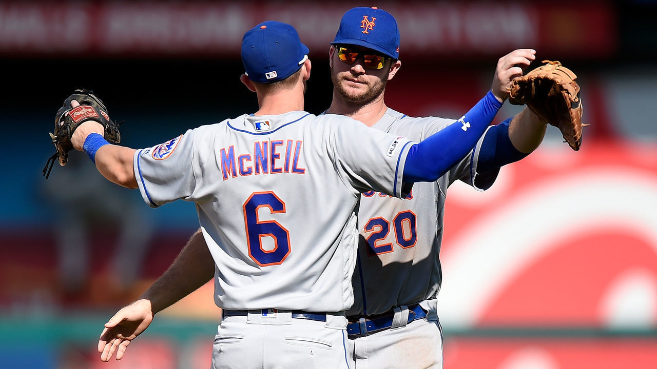 WASHINGTON, DC - SEPTEMBER 02: Jeff McNeil #6 and Pete Alonso #20 of the New York Mets celebrate a 7-3 victory against the Washington Nationals at Nationals Park on September 2, 2019 in Washington, DC.