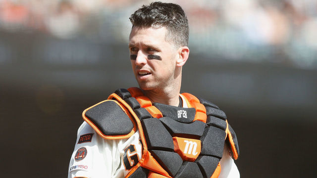 SAN FRANCISCO, CALIFORNIA - SEPTEMBER 29: Catcher Buster Posey #28 of the San Francisco Giants looks on from home plate during the game against the Los Angeles Dodgers at Oracle Park on September 29, 2019 in San Francisco, California.