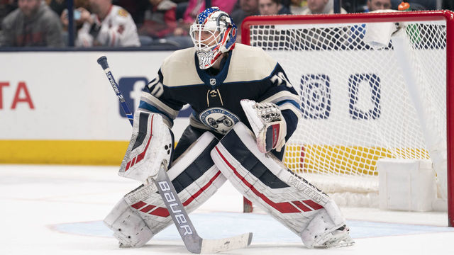 COLUMBUS, OH - DECEMBER 29: Columbus Blue Jackets goaltender Joonas Korpisalo (70) in net during the game between the Columbus Blue Jackets and the Chicago Blackhawks at Nationwide Arena in Columbus, Ohio on December 29, 2019.