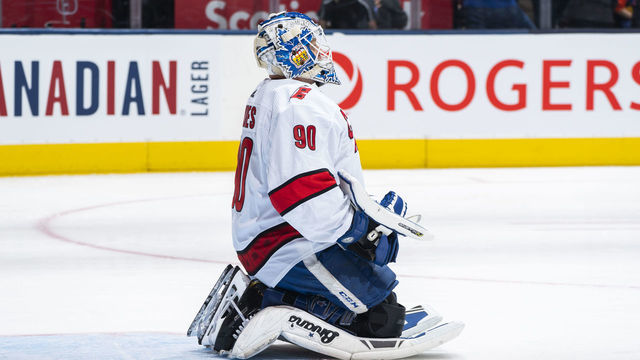 TORONTO, ON - FEBRUARY 22: Emergency backup goalie Dave Ayres #90 of the Carolina Hurricanes stretches during the second period against the Toronto Maple Leafs at the Scotiabank Arena on February 22, 2020 in Toronto, Ontario, Canada.