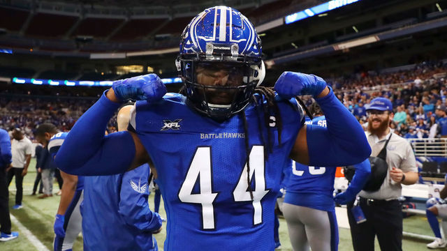 ST. LOUIS, MO - FEBRUARY 23: Joe Powell #44 of the St. Louis BattleHawks flexes before the XFL game against the New York Guardians at The Dome at America's Center on February 23, 2020 in St. Louis, Missouri.
