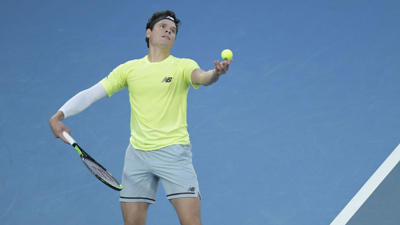 MELBOURNE, AUSTRALIA - JANUARY 28: Milos Raonic of Canada in action against Novak Djokovic (not seen) of Serbia during Australia Open men's singles quarter final tennis match in Melbourne, Australia on January 28, 2020. Djokovic won the match with 3-0.