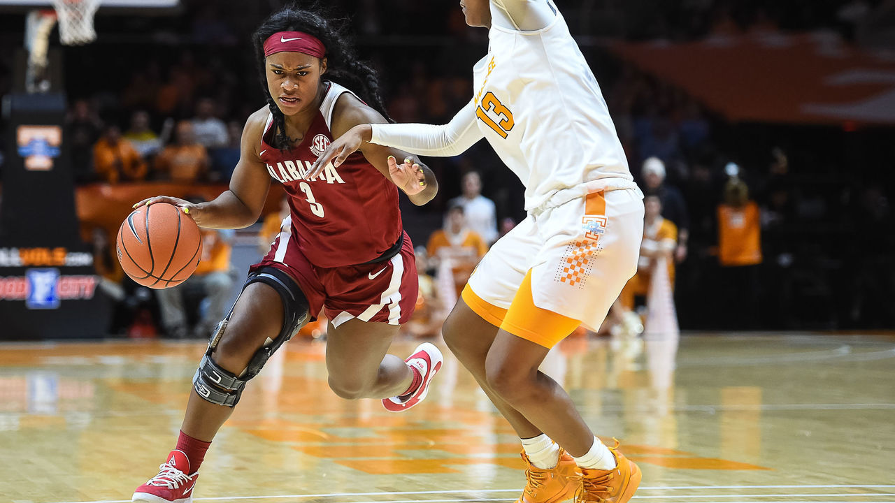 KNOXVILLE, TN - JANUARY 20: Alabama Crimson Tide guard Jordan Lewis (3) being guarded by Tennessee Lady Vols guard Jazmine Massengill (13) during a game on January 20, 2020, at Thompson-Boling Arena in Knoxville, TN.