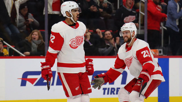 DETROIT, MICHIGAN - NOVEMBER 21: Andreas Athanasiou #72 of the Detroit Red Wings celebrates his game winning overtime goal with Mike Green #25 to defeat the Boston Bruins 3-2 at Little Caesars Arena on November 21, 2018 in Detroit, Michigan.