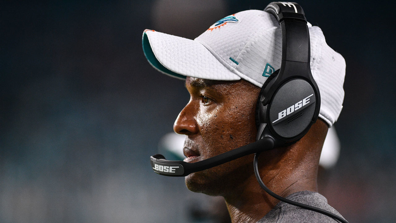 MIAMI, FL - AUGUST 08: Wide Receivers coach Karl Dorrell of the Miami Dolphins coaching during a preseason game against the Atlanta Falcons at Hard Rock Stadium on August 8, 2019 in Miami, Florida.