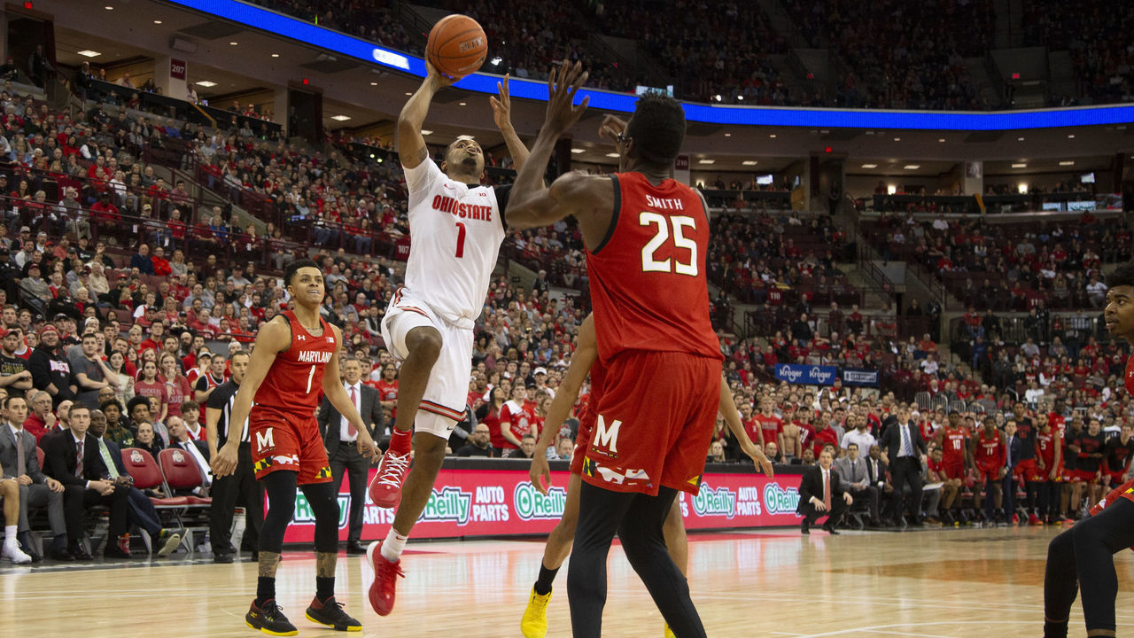 COLUMBUS, OH - FEBRUARY 23: Ohio State Buckeyes guard Luther Muhammad (1) shoots the ball during the second half between the Ohio State Buckeyes and the Maryland Terrapins at Value City Arena in Columbus, Ohio on February 23, 2020.