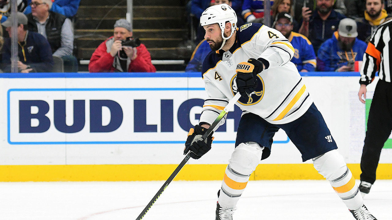 ST. LOUIS, MO. - JANUARY 09: Buffalo Sabres defenseman Zach Bogosian (4) with the puck during an NHL game between the Buffalo Sabres and the St. Louis Blues on January 09, 2020, at Enterprise Center, St. Louis, Mo. Photo by Keith Gillett/Icon Sportswire via Getty Images)