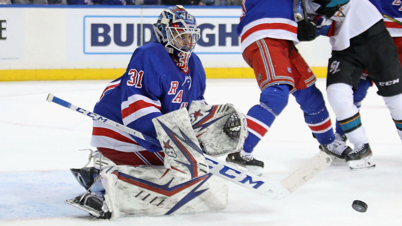 NEW YORK, NEW YORK - FEBRUARY 22: Igor Shesterkin #31 of the New York Rangers makes the third period save against the San Jose Sharks at Madison Square Garden on February 22, 2020 in New York City. The Rangers defeated the Sharks 3-2.