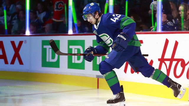 VANCOUVER, BC - FEBRUARY 8: Quinn Hughes #43 of the Vancouver Canucks skates onto ice during their NHL game against the Calgary Flames at Rogers Arena February 8, 2020 in Vancouver, British Columbia, Canada. "n
