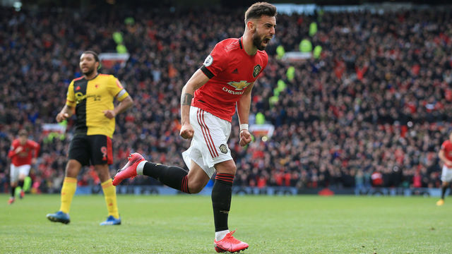 MANCHESTER, ENGLAND - FEBRUARY 23: Bruno Fernandes of Man Utd celebrates after scoring their 1st goal during the Premier League match between Manchester United and Watford FC at Old Trafford on February 23, 2020 in Manchester, United Kingdom.