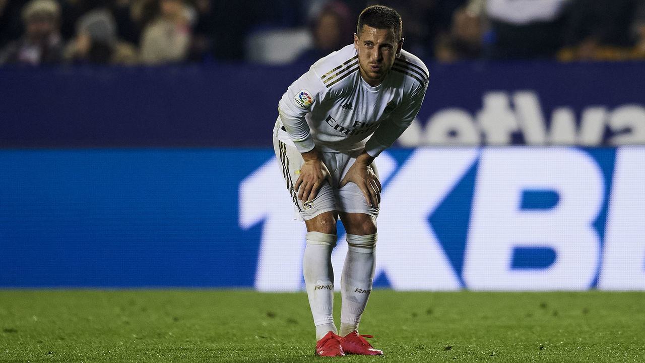 Eden Hazard of Real Madrid injured during the Liga match between Levante UD and Real Madrid CF at Ciutat de Valencia on February 22, 2020 in Valencia, Spain.