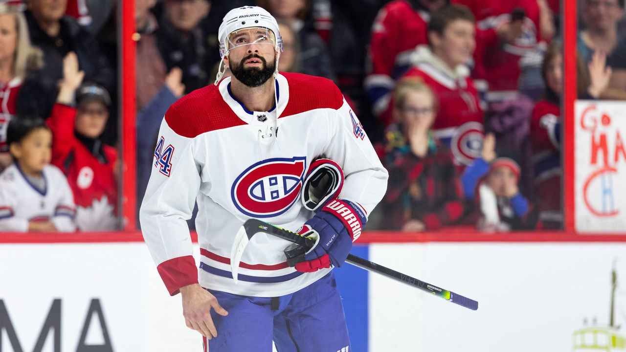 OTTAWA, ON - FEBRUARY 22: Montreal Canadiens Center Nate Thompson (44) during warm-up before National Hockey League action between the Montreal Canadiens and Ottawa Senators on February 22, 2020, at Canadian Tire Centre in Ottawa, ON, Canada.
