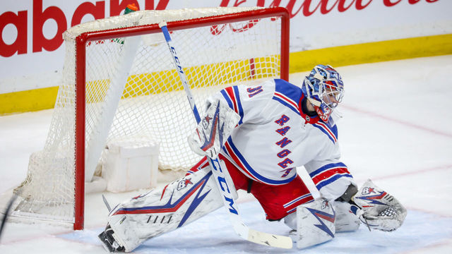 WINNIPEG, MB - FEBRUARY 11: Goaltender Igor Shesterkin #31 of the New York Rangers guards the net during first period action against the Winnipeg Jets at the Bell MTS Place on February 11, 2020 in Winnipeg, Manitoba, Canada. The Rangers defeated the Jets 4-1.
