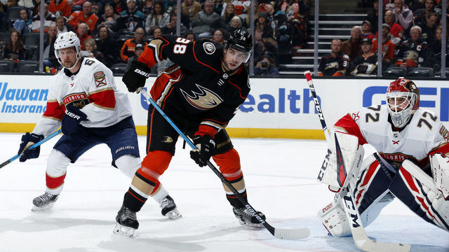 ANAHEIM, CA - FEBRUARY 19: Derek Grant #38 of the Anaheim Ducks battles for position against Anton Stralman #6 of the Florida Panthers while Sergei Bobrovsky #72 holds the crease during the game at Honda Center on February 19, 2020 in Anaheim, California.
