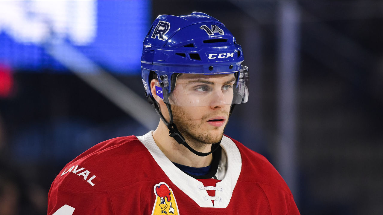 LAVAL, QC - JANUARY 22: Look on Laval Rocket center Matthew Peca (14) during the Syracuse Crunch versus the Laval Rocket game on January 22, 2020, at Place Bell in Laval, QC