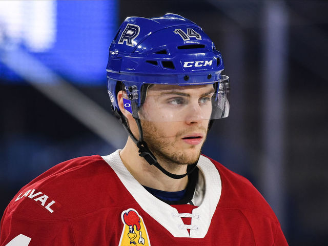 LAVAL, QC - JANUARY 22: Look on Laval Rocket center Matthew Peca (14) during the Syracuse Crunch versus the Laval Rocket game on January 22, 2020, at Place Bell in Laval, QC